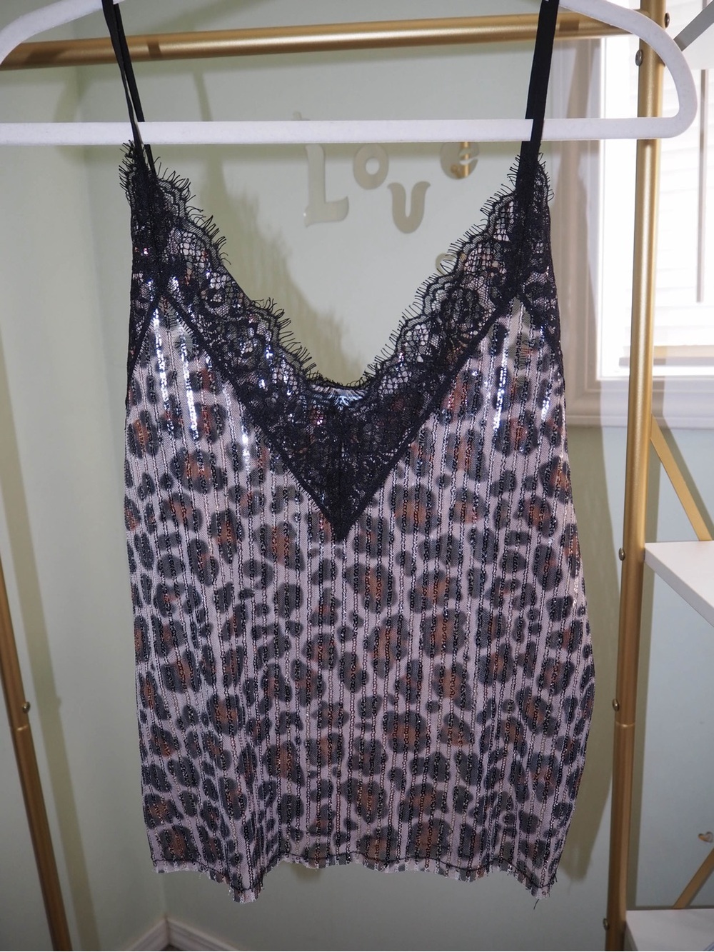 ZARA Animal Leopard Print Sequin Eyelash Lace Trim Cami Tank Top - Size S